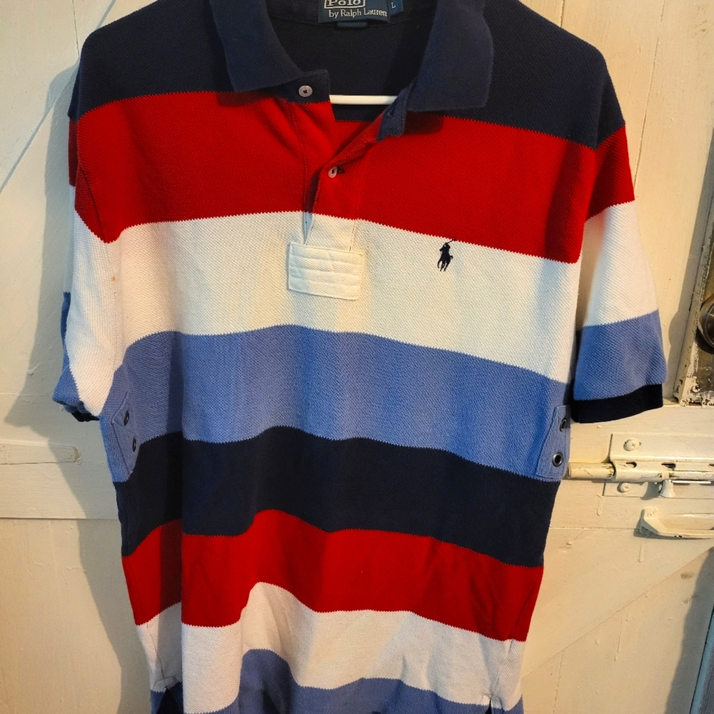 Ralph Lauren Polo Shirt Red White Blue Striped US  Large.